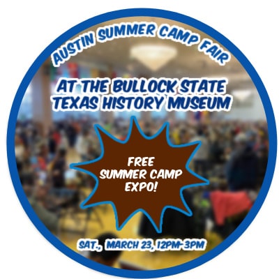 Circular photo promoting the Austin Camp Fair on March 23, 2024 at the Bullock Texas State History Museum.