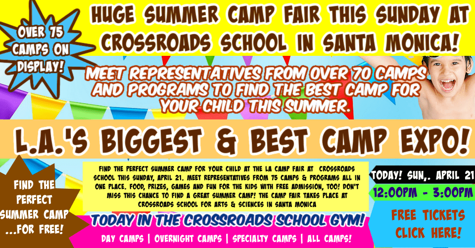 Colorful promotional photo/banner showcasing the L.A. Camp Fair Crossroads school camp fair on Sunday, April 14, 2024
