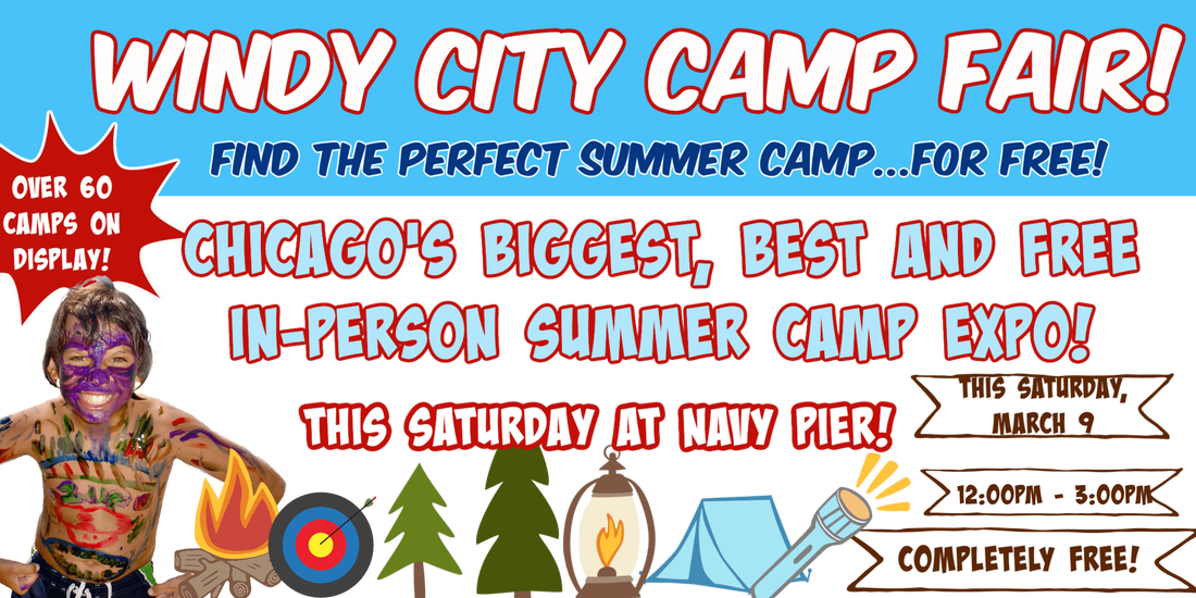 Colorful camp fair banner for the chicago camp fair windy city camp fair at the Navy Pier, Chicago on March 9