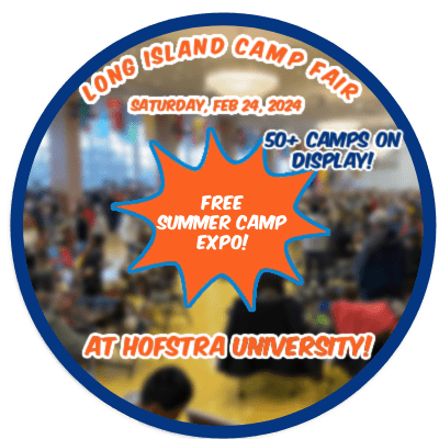 Long Island Camp Fair at Hofstra University. Lots of hustle and bustle with families and kids visiting camp exhibitor booths.