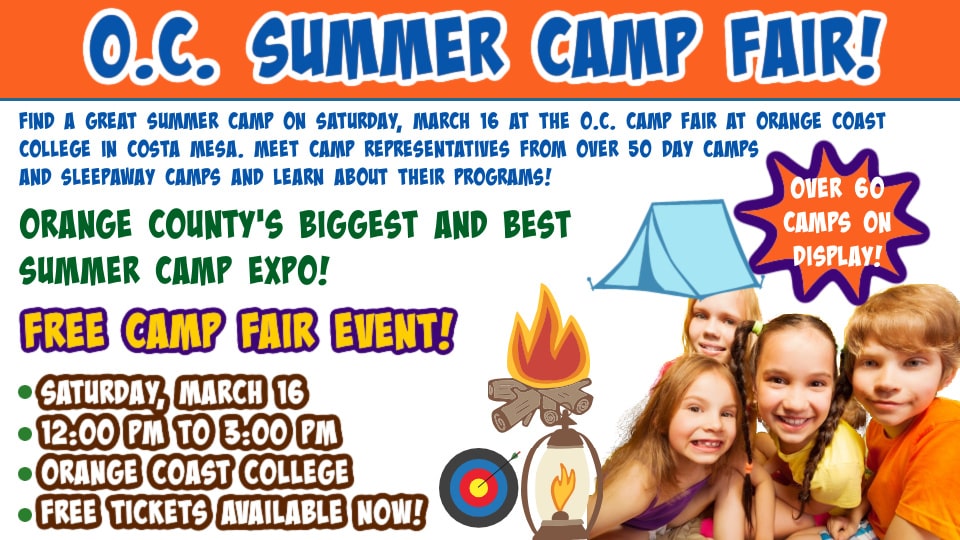 Advertising banner featuring the 2024 OC Camp Fair at Orange Coast College on Saturday, March 16.