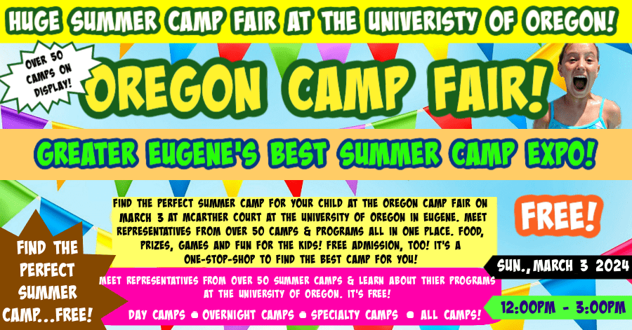 Coloroful banner promoting the March 3 Oregon Summer Camp Fair at University of Oregon