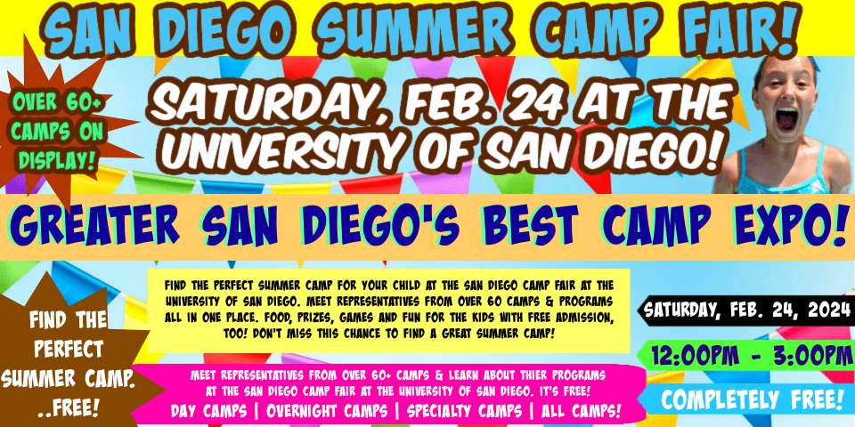 Colorful San Diego Camp Fair banner.