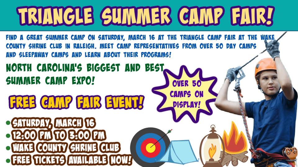Triangle Camp Fair promotional banner showcasing the Camp Fair at the Wake County Shrine Club in Raleigh, NC on March 16.