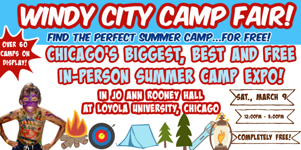 Colorful camp fair banner for the chicago camp fair windy city camp fair at Loyola University, Chicago on March 9