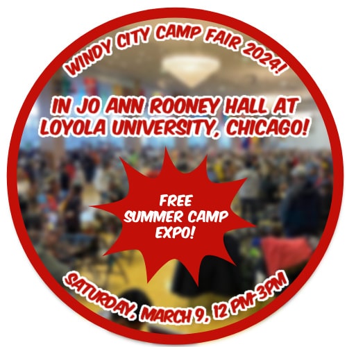 Round photo with expo attendees (children and familie) attending the windy city chicago camp fair.